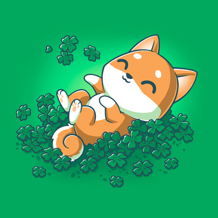Classic Cotton T-shirt_TeeTurtle Lucky Shiba irish green apparel featuring a happy shiba inu dog rolling around in four leaf clovers.