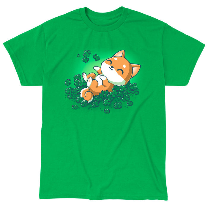 Classic Cotton T-shirt_TeeTurtle Lucky Shiba irish green apparel featuring a happy shiba inu dog rolling around in four leaf clovers.
