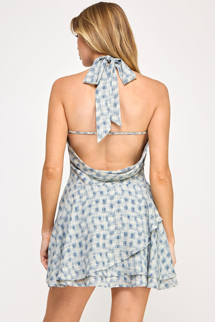Luna Mini Dress - Tiered Check Print Cowl Neck