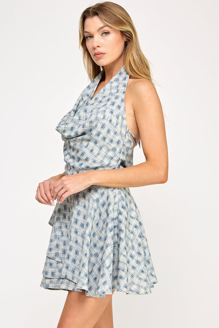 Luna Mini Dress - Tiered Check Print Cowl Neck