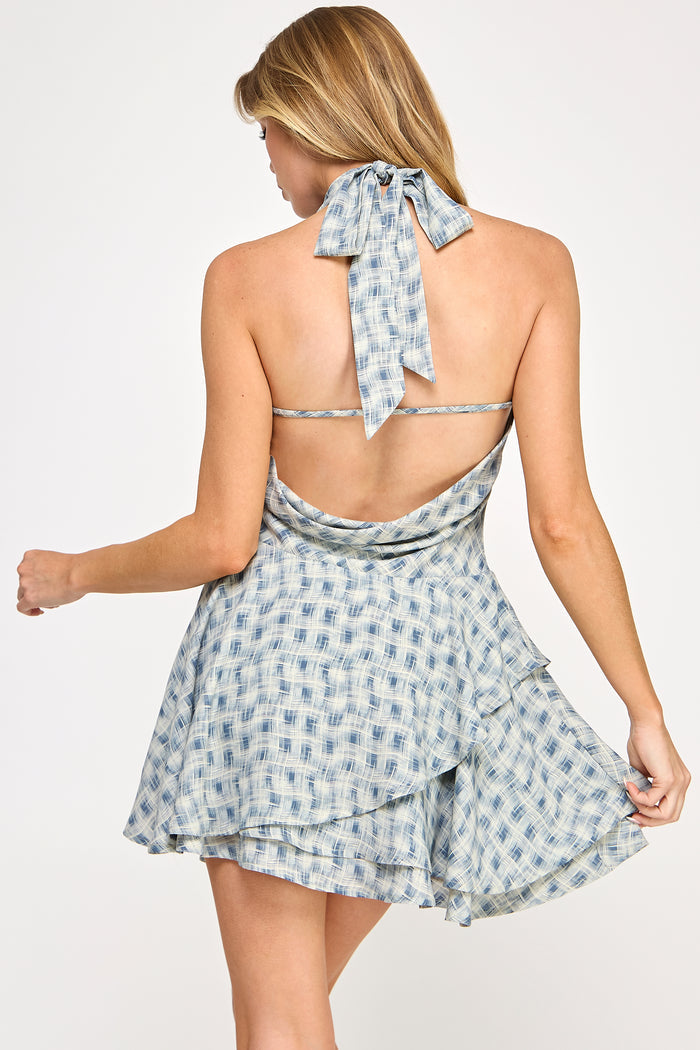 Luna Mini Dress - Tiered Check Print Cowl Neck