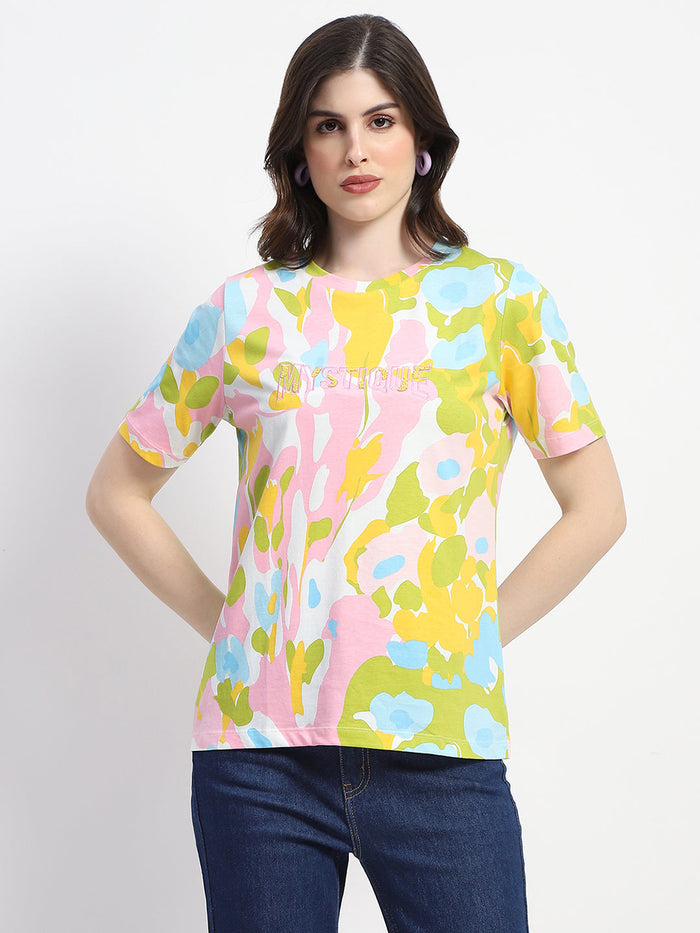 Madame Abstract And Typography Print White Cotton T-Shirt