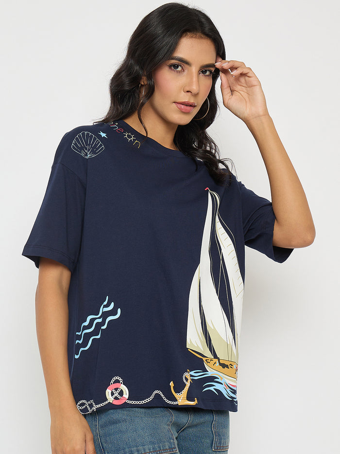Madame Abstract Print Navy Blue Cotton T-shirt