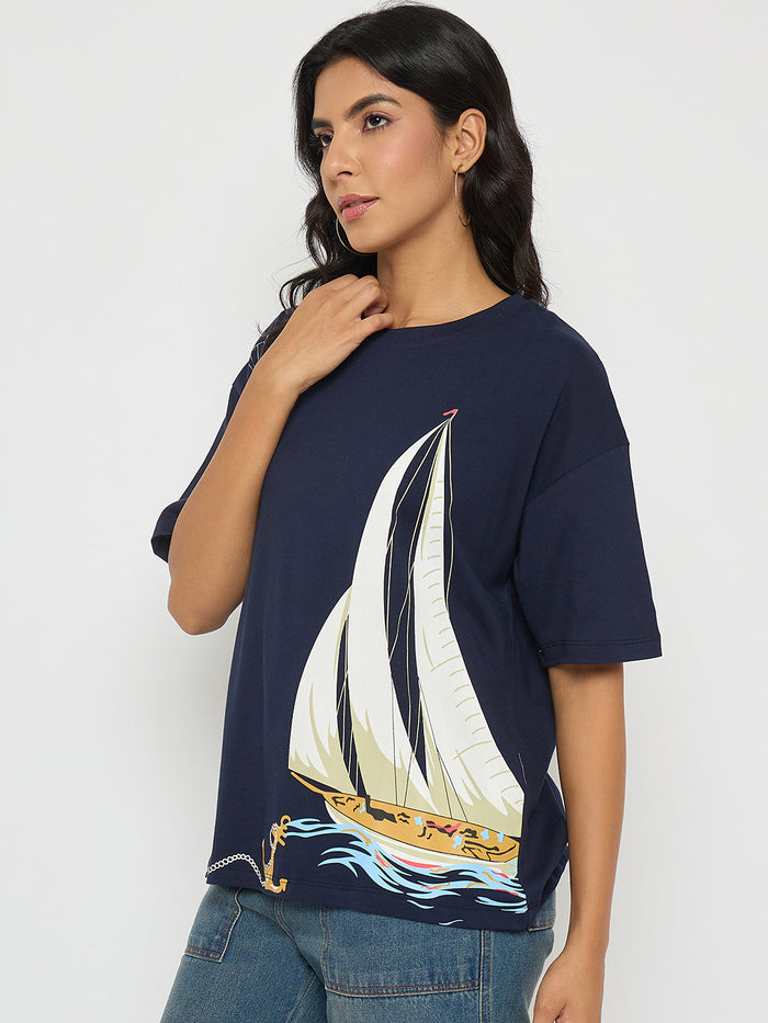Madame Abstract Print Navy Blue Cotton T-shirt