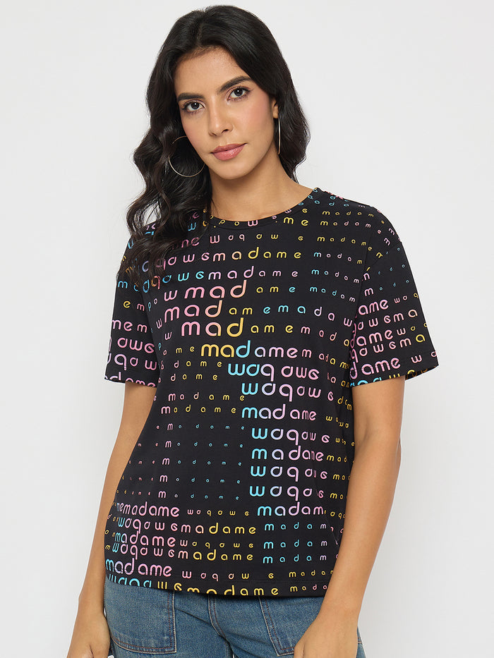 Madame All Over Print Black Cotton T-shirt