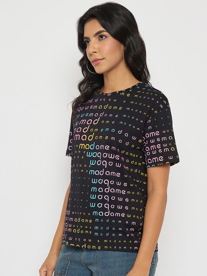 Madame All Over Print Black Cotton T-shirt