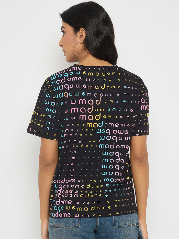 Madame All Over Print Black Cotton T-shirt