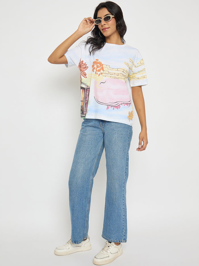 Madame All Over Print Cotton Blend White T-Shirt