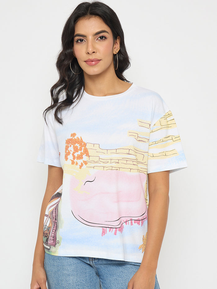 Madame All Over Print Cotton Blend White T-Shirt