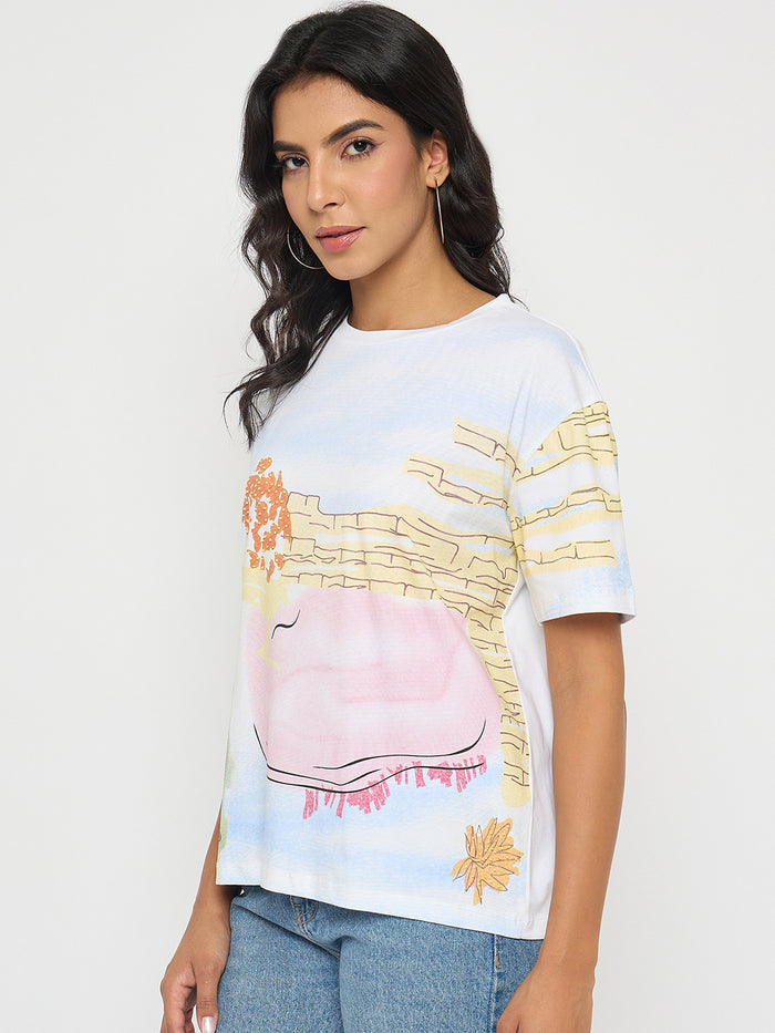 Madame All Over Print Cotton Blend White T-Shirt