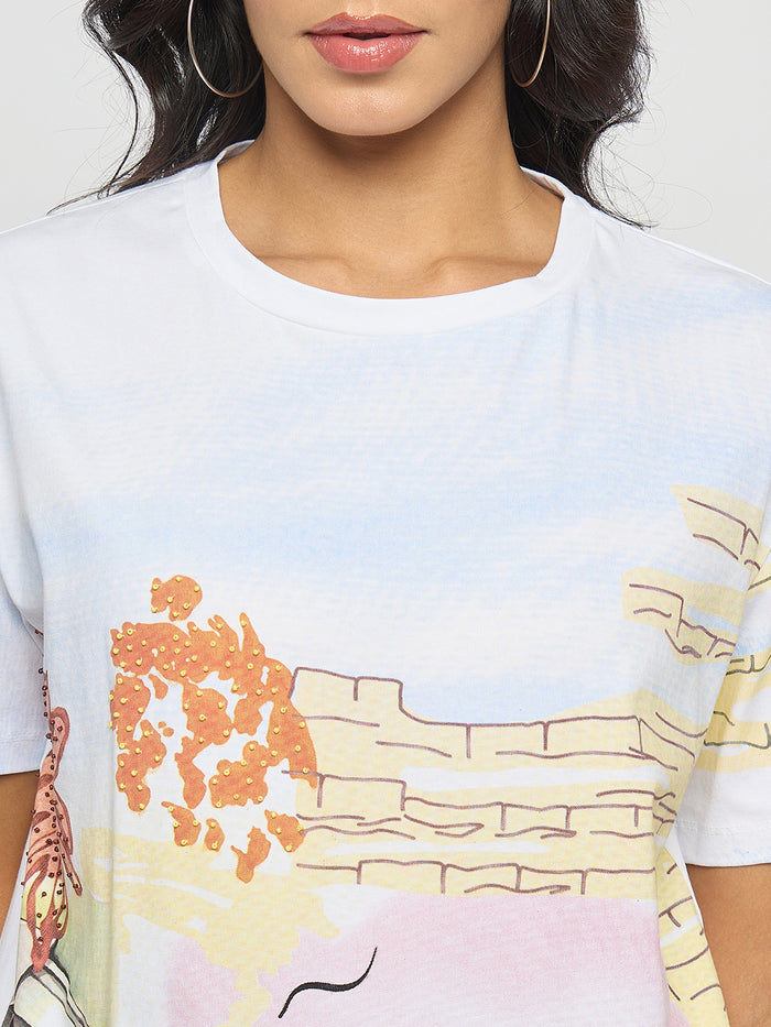 Madame All Over Print Cotton Blend White T-Shirt