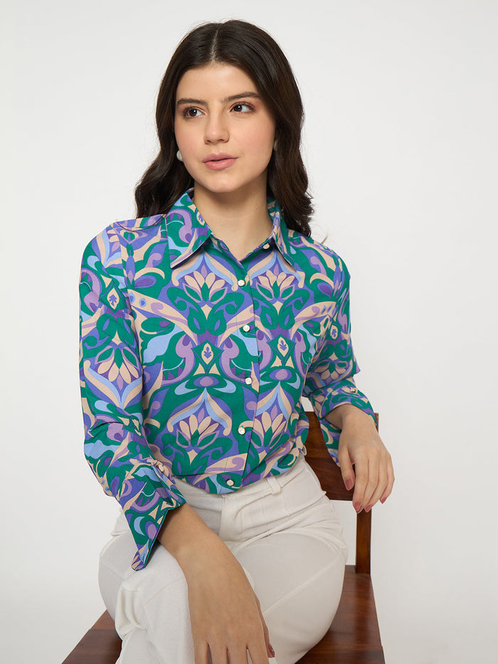 Madame All Over Print Full Sleeve Green Shirt