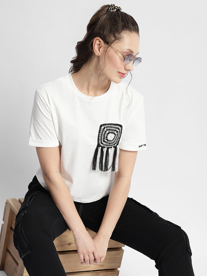 Madame Applique Pocket White Coloured T-Shirt