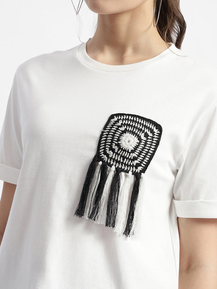 Madame Applique Pocket White Coloured T-Shirt