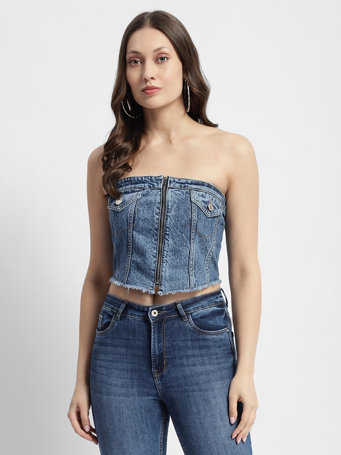 Madame Blue Front Zipper Denim Tube Top