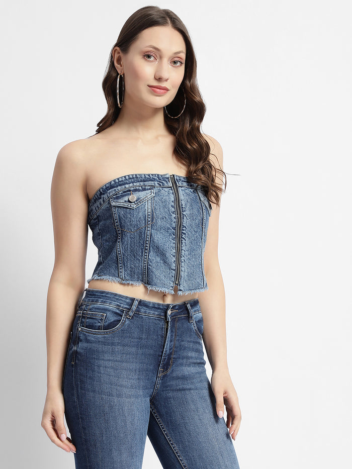 Madame Blue Front Zipper Denim Tube Top