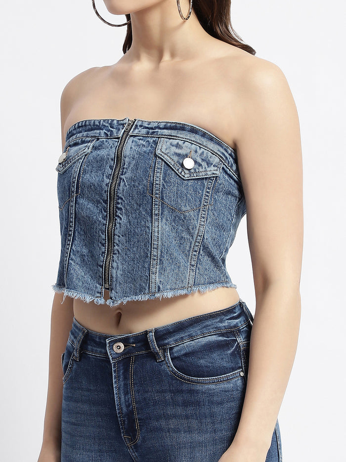 Madame Blue Front Zipper Denim Tube Top
