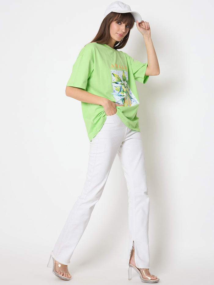 Madame Botanical Print Short Sleeve Green Cotton Blend T-shirt