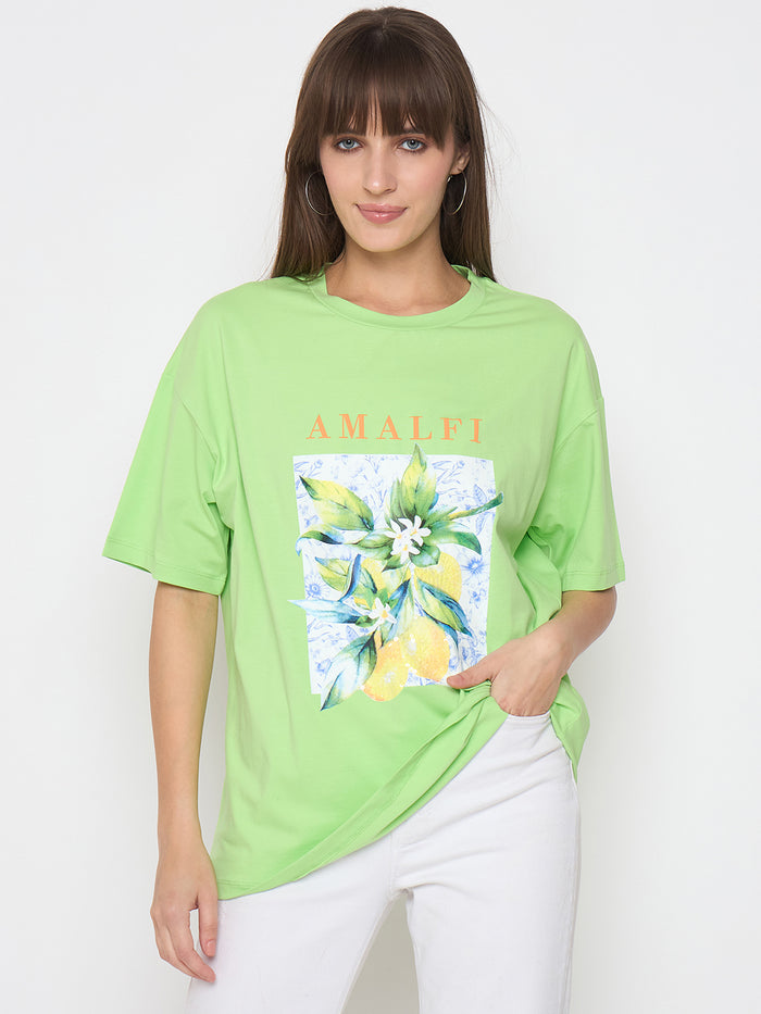 Madame Botanical Print Short Sleeve Green Cotton Blend T-shirt