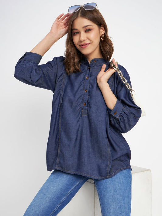 Madame Button-Down Front Solid Dark Navy Cotton Top