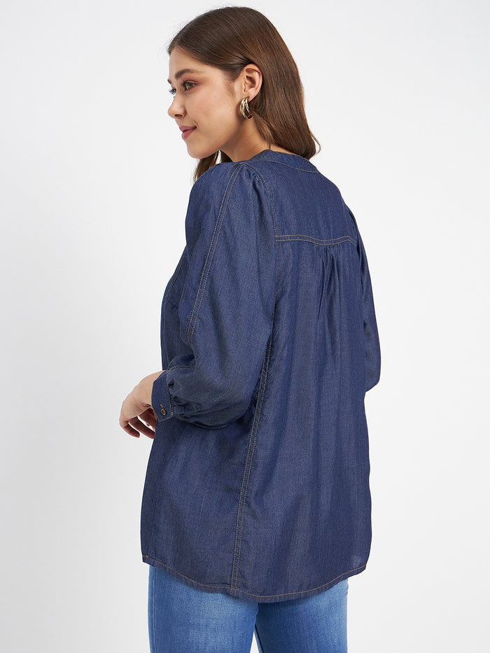 Madame Button-Down Front Solid Dark Navy Cotton Top