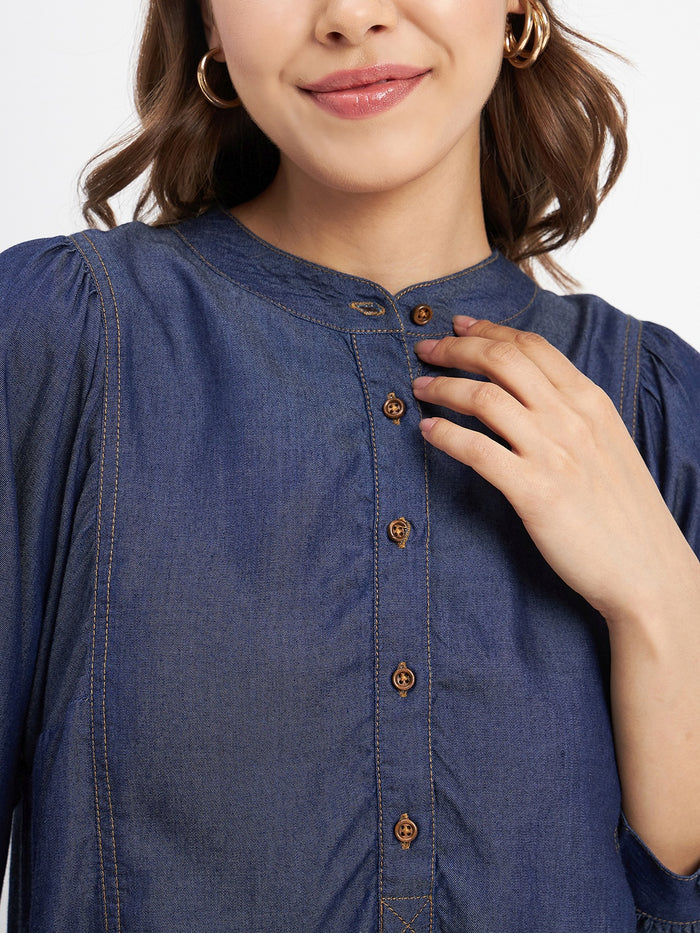 Madame Button-Down Front Solid Dark Navy Cotton Top