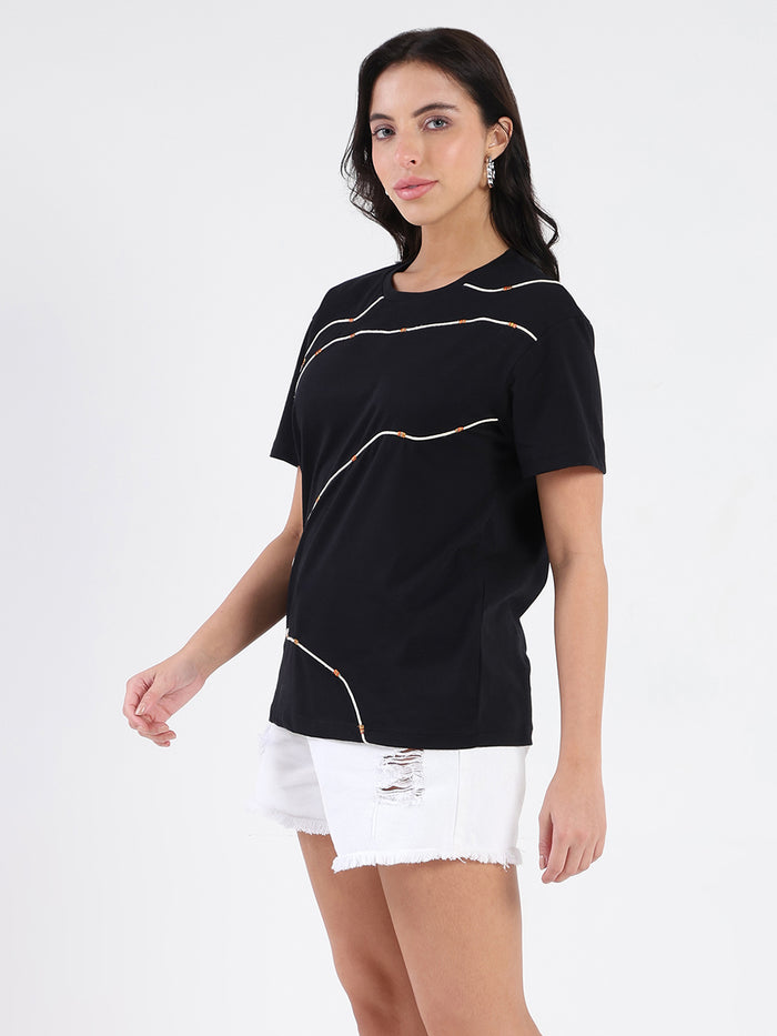 Madame Cord Detailed Solid Black Cotton T-shirt