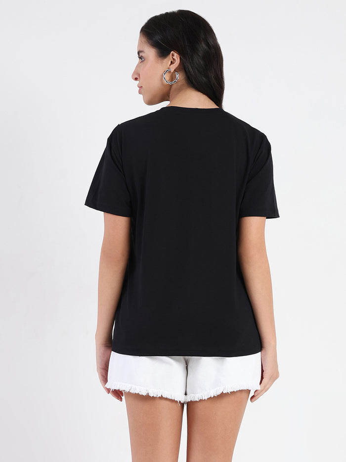 Madame Cord Detailed Solid Black Cotton T-shirt