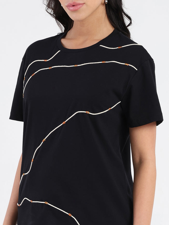 Madame Cord Detailed Solid Black Cotton T-shirt