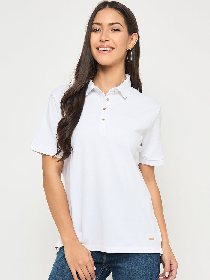 Madame Cotton Blend Solid White Polo T-shirt