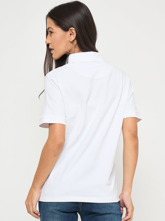 Madame Cotton Blend Solid White Polo T-shirt