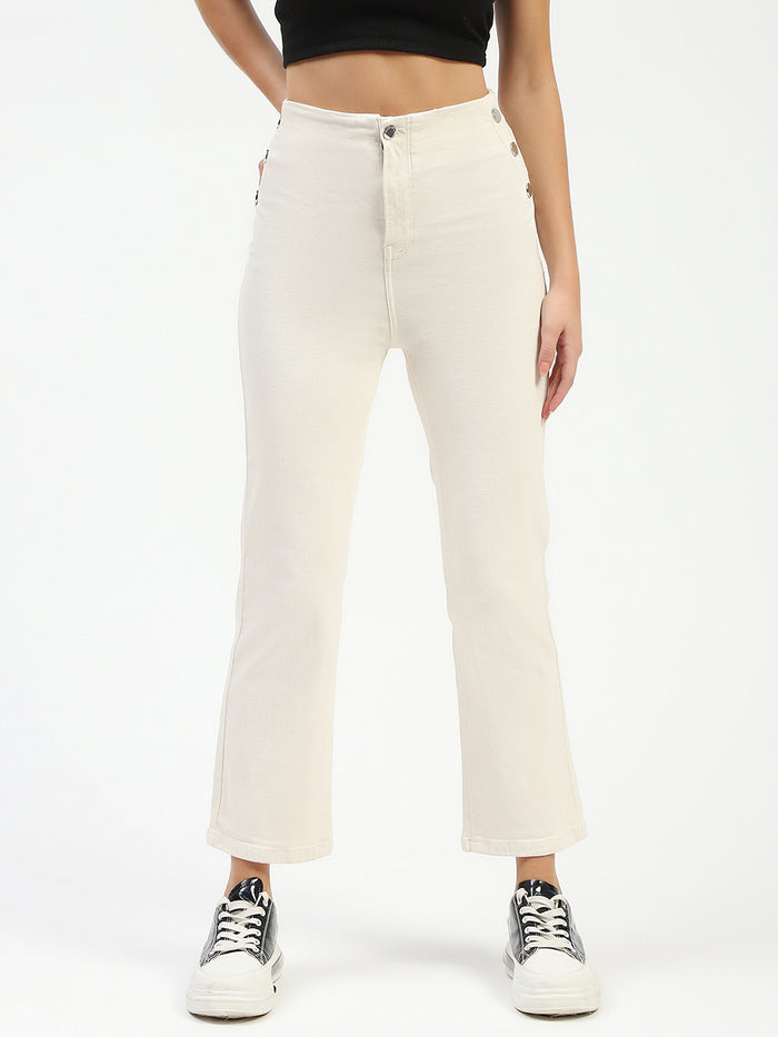Madame Cotton Button Detailed Ivory Flared Denim