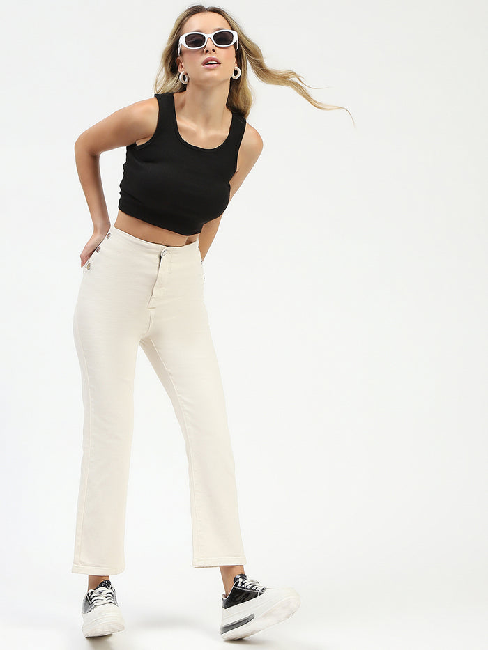 Madame Cotton Button Detailed Ivory Flared Denim