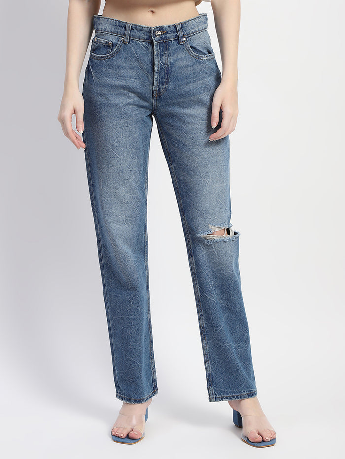 Madame Crushed Ripped Blue Straight Denim