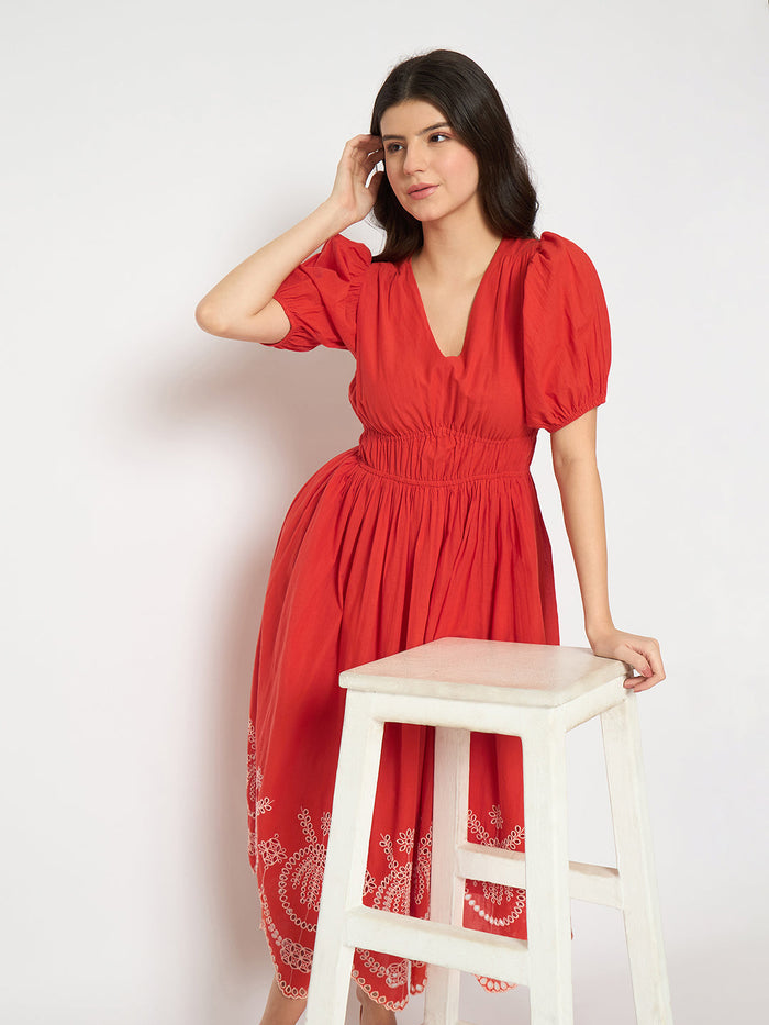 Madame Cutwork Embroidery Empire Waist Red Cotton Midi Dress