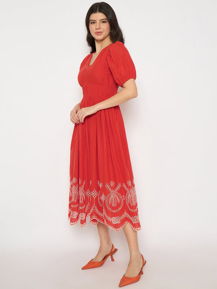 Madame Cutwork Embroidery Empire Waist Red Cotton Midi Dress