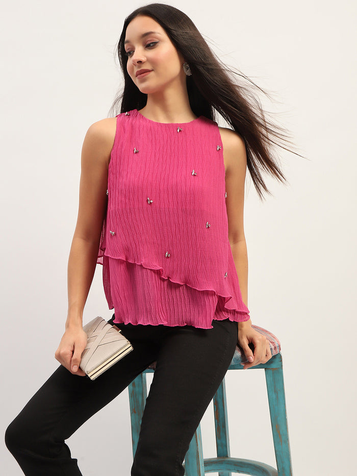 Madame Double Hem Embellished Pink Top