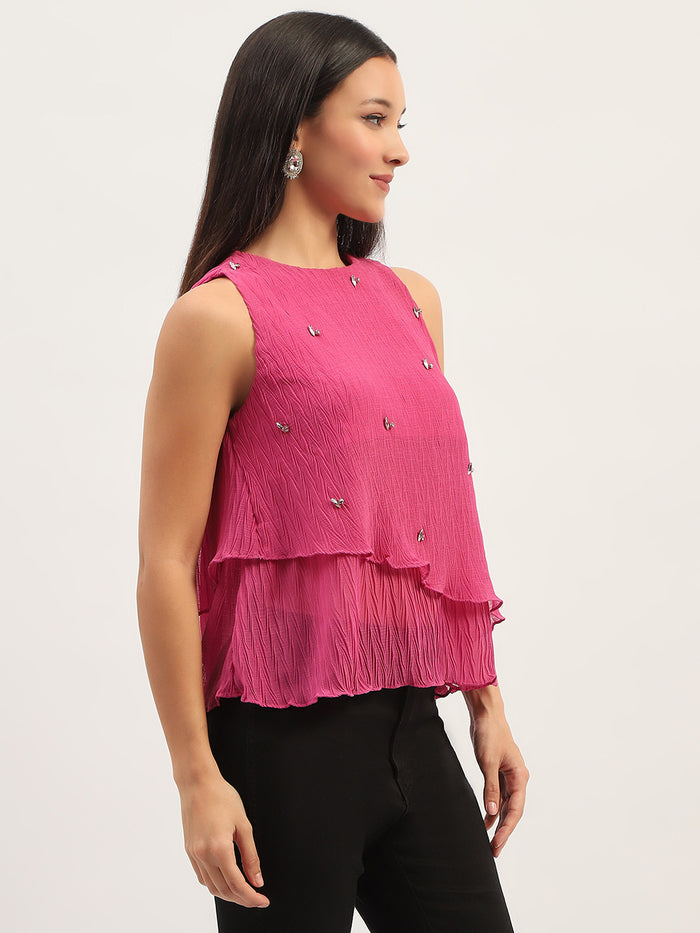 Madame Double Hem Embellished Pink Top