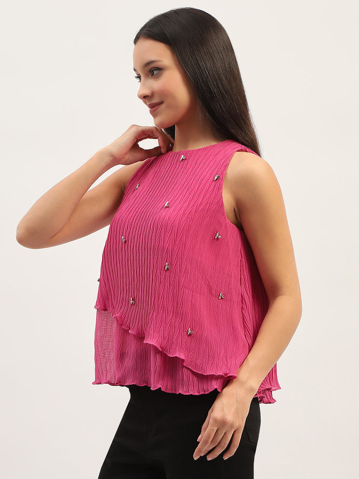 Madame Double Hem Embellished Pink Top
