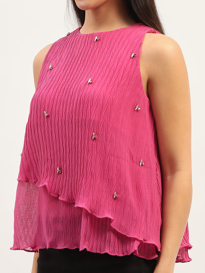 Madame Double Hem Embellished Pink Top