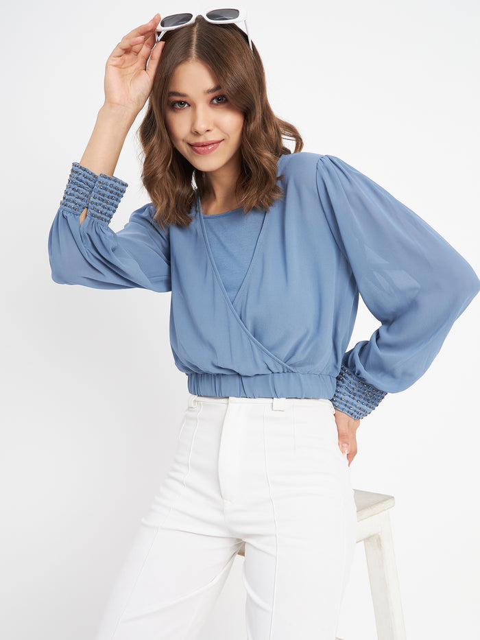 Madame Elasticated Hem Blue Wrap Crop Top