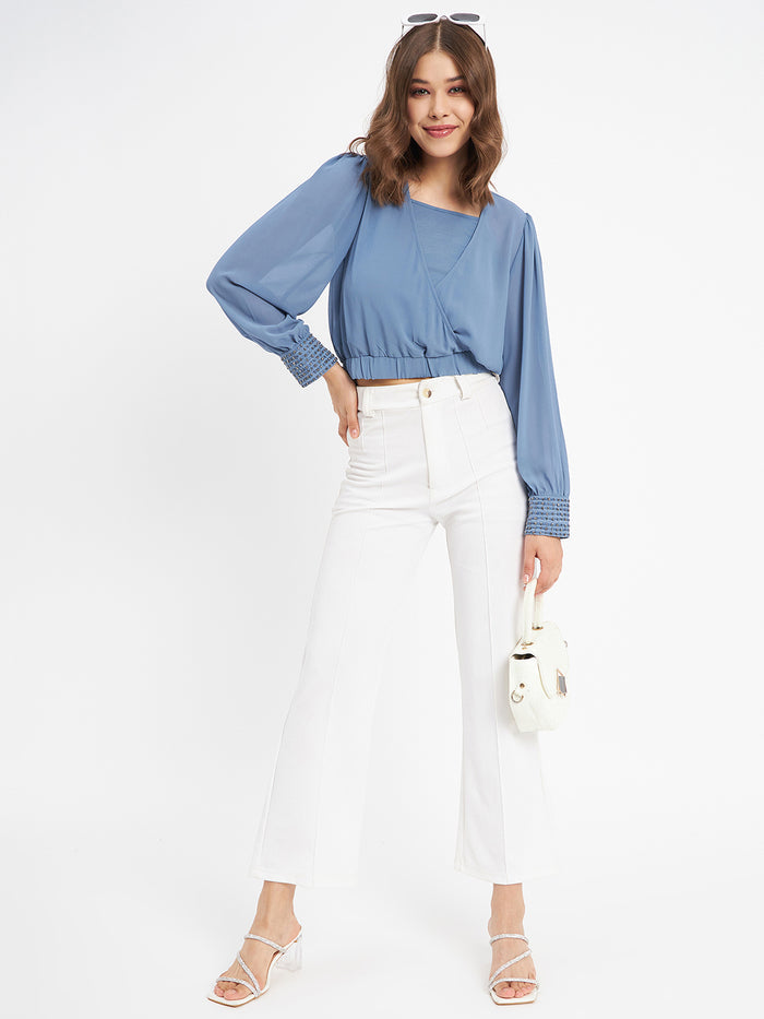Madame Elasticated Hem Blue Wrap Crop Top