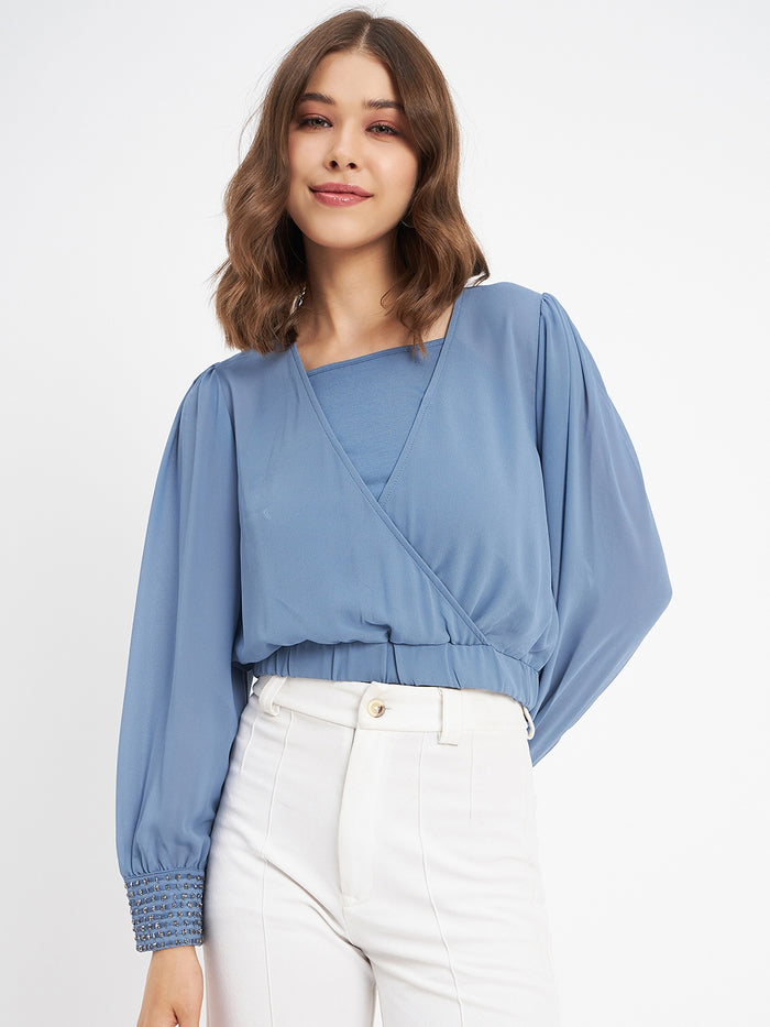 Madame Elasticated Hem Blue Wrap Crop Top