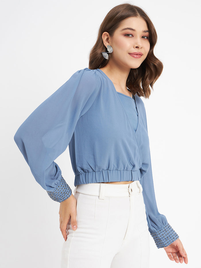 Madame Elasticated Hem Blue Wrap Crop Top