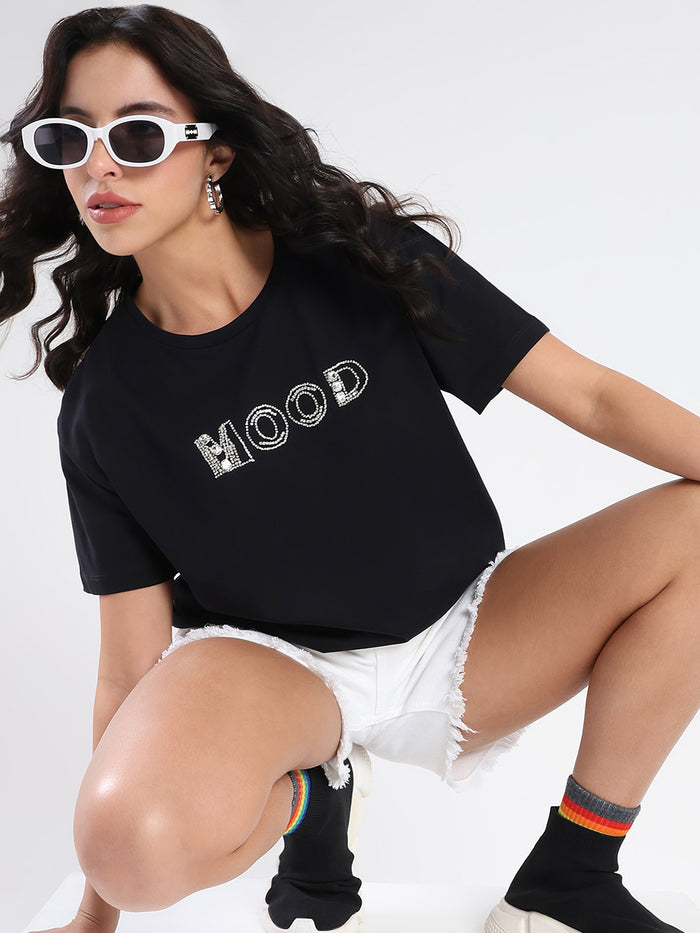 Madame Embellished Pocket Typography Black Cotton T-shirt