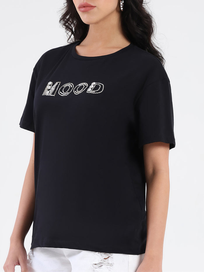 Madame Embellished Pocket Typography Black Cotton T-shirt