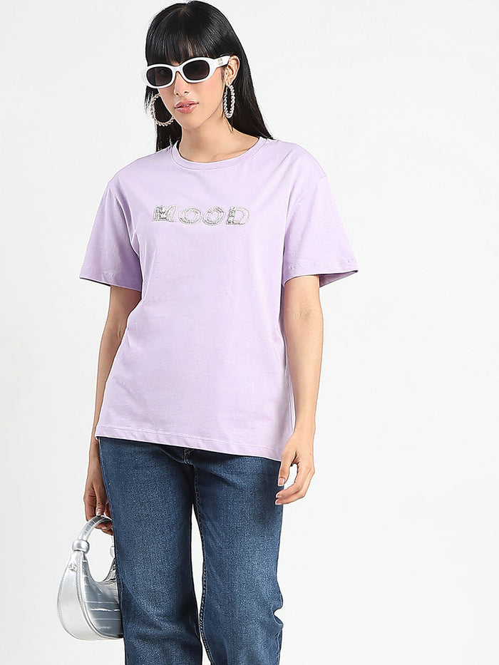 Madame Embellished Typography Lilac Cotton T-Shirt