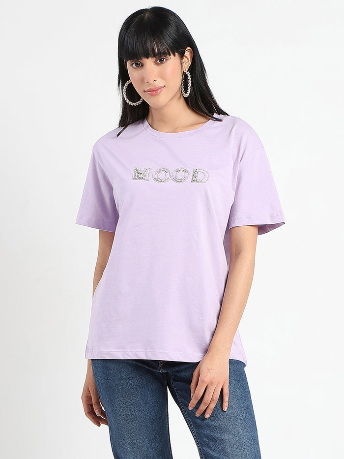 Madame Embellished Typography Lilac Cotton T-Shirt