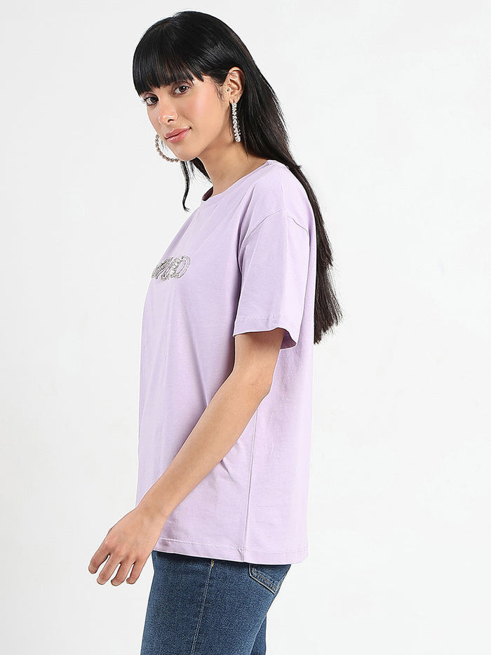 Madame Embellished Typography Lilac Cotton T-Shirt