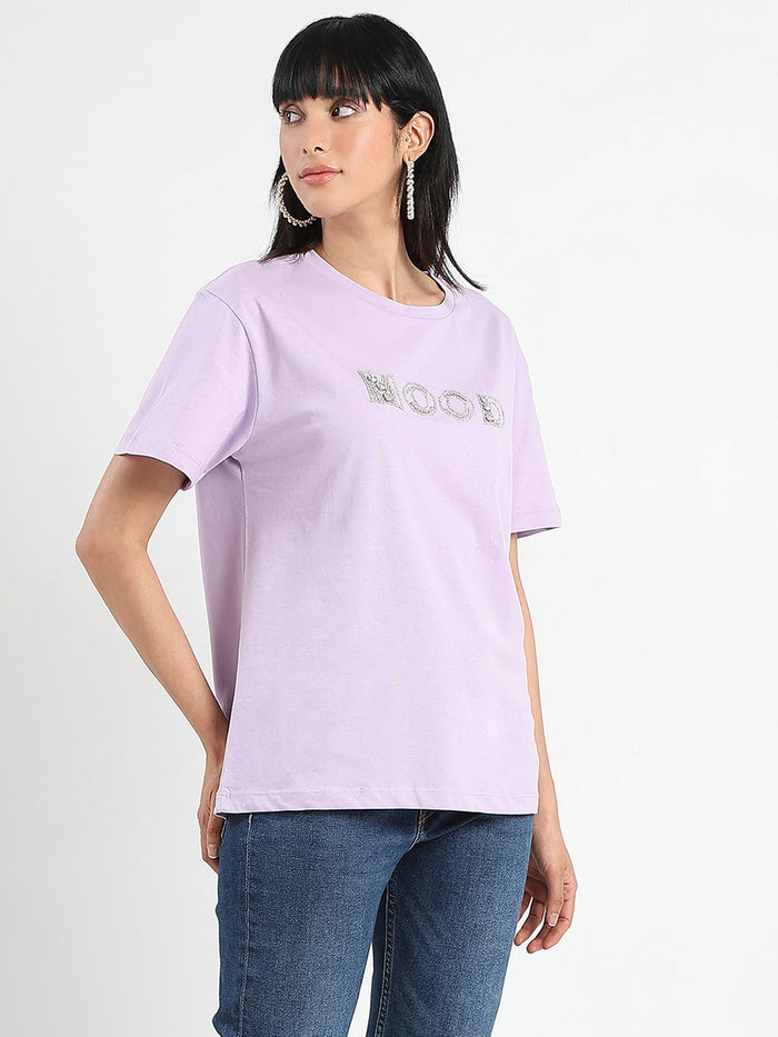 Madame Embellished Typography Lilac Cotton T-Shirt